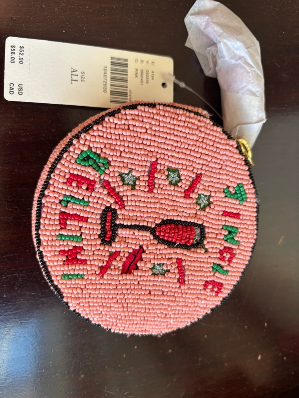 Pink Beaded Round Coin Pouch with Champagne Motif